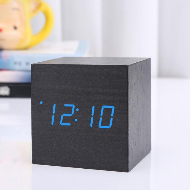 New Arrival Wooden LED Alarm Clocks Temperature Electronic Clock Digital Alarm Clock with Wooden Electronic LED Time Display 3 Dual Plus Alarm Cubic Small Mini Wood Made Electric Sounds Control Digital LED Display Desktop Calendar Table clock