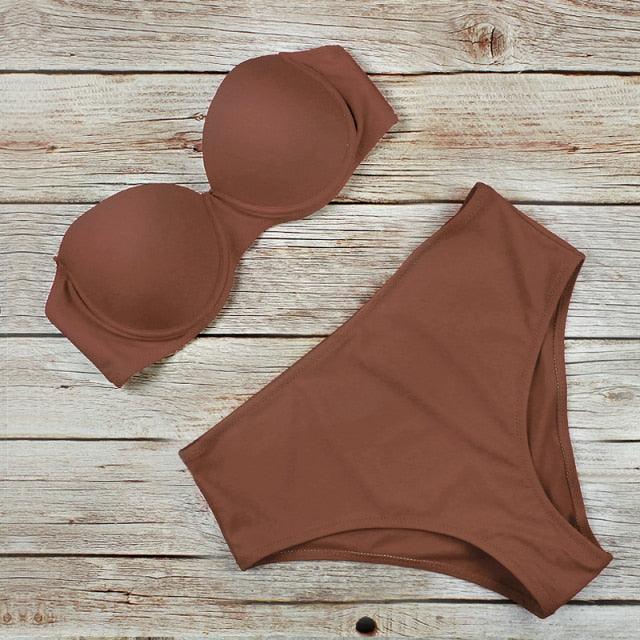 New Bikini Fashion Push Up Bikini Set Swimsuit Bikini Sets Push Up Swimsuits 2 Piece Underwired Bathing Suits Women Bandage High Waist Solid Brown Triangle Swimwear Two-Piece Suits