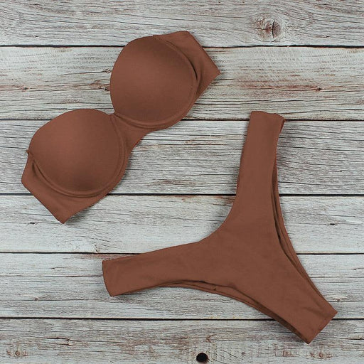 New Bikini Fashion Push Up Bikini Set Swimsuit Bikini Sets Push Up Swimsuits 2 Piece Underwired Bathing Suits Women Bandage High Waist Solid Brown Triangle Swimwear Two-Piece Suits