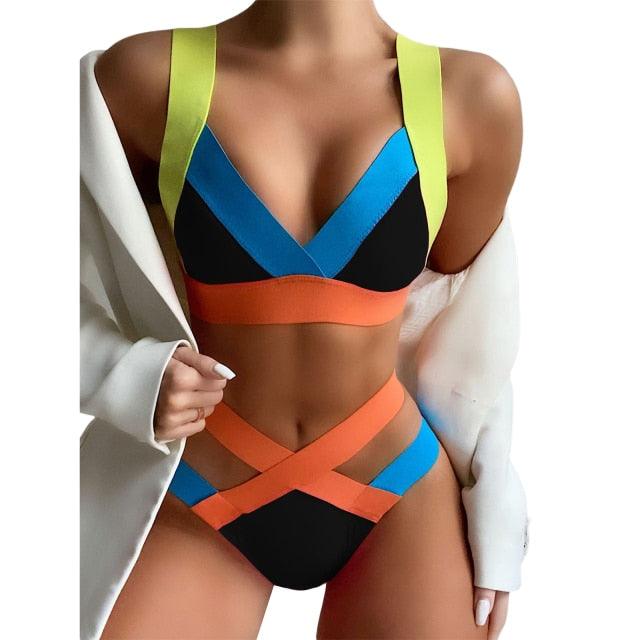 New Bikini Sets Black Push Up Swimsuit Women Neon Patchwork Bikini Swimsuit 2 Piece Cutout Molded Push Up Bathing Suit Women Swimwear Splicing Bathing Suit Holiday Beach Swimming Suit