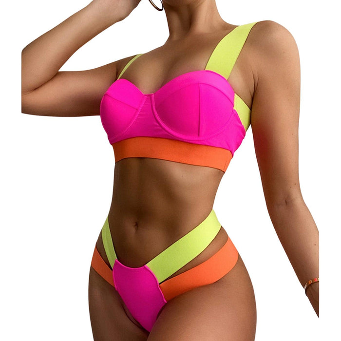 New Bikini Sets Black Push Up Swimsuit Women Neon Patchwork Bikini Swimsuit 2 Piece Cutout Molded Push Up Bathing Suit Women Swimwear Splicing Bathing Suit Holiday Beach Swimming Suit