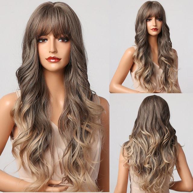 New Fashion Long Wavy Ombre Brown Highlight Wigs with Bangs Synthetic Natural Wig for Women Heat Resistant Cosplay Hair Wigs For Black Women Wigs For Cosplay