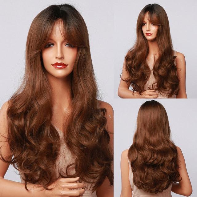 New Fashion Long Wavy Ombre Brown Highlight Wigs with Bangs Synthetic Natural Wig for Women Heat Resistant Cosplay Hair Wigs For Black Women Wigs For Cosplay