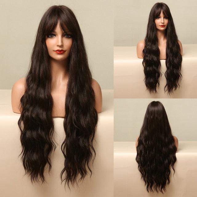 New Fashion Long Wavy Ombre Brown Highlight Wigs with Bangs Synthetic Natural Wig for Women Heat Resistant Cosplay Hair Wigs For Black Women Wigs For Cosplay