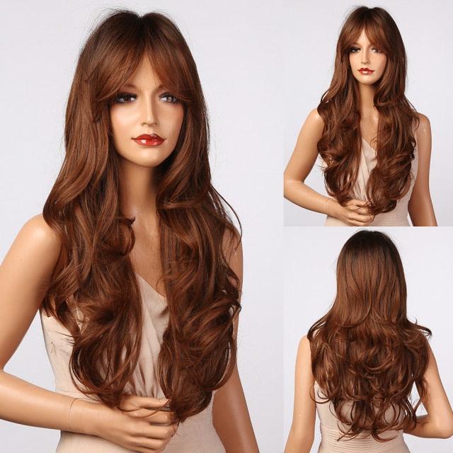 New Fashion Long Wavy Ombre Brown Highlight Wigs with Bangs Synthetic Natural Wig for Women Heat Resistant Cosplay Hair Wigs For Black Women Wigs For Cosplay