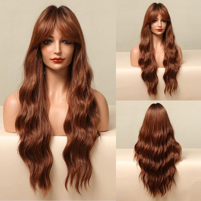 New Fashion Long Wavy Ombre Brown Highlight Wigs with Bangs Synthetic Natural Wig for Women Heat Resistant Cosplay Hair Wigs For Black Women Wigs For Cosplay