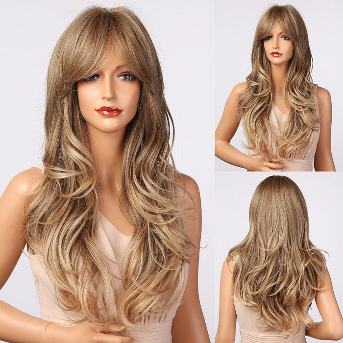 New Fashion Long Wavy Ombre Brown Highlight Wigs with Bangs Synthetic Natural Wig for Women Heat Resistant Cosplay Hair Wigs For Black Women Wigs For Cosplay