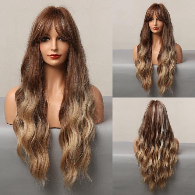 New Fashion Long Wavy Ombre Brown Highlight Wigs with Bangs Synthetic Natural Wig for Women Heat Resistant Cosplay Hair Wigs For Black Women Wigs For Cosplay