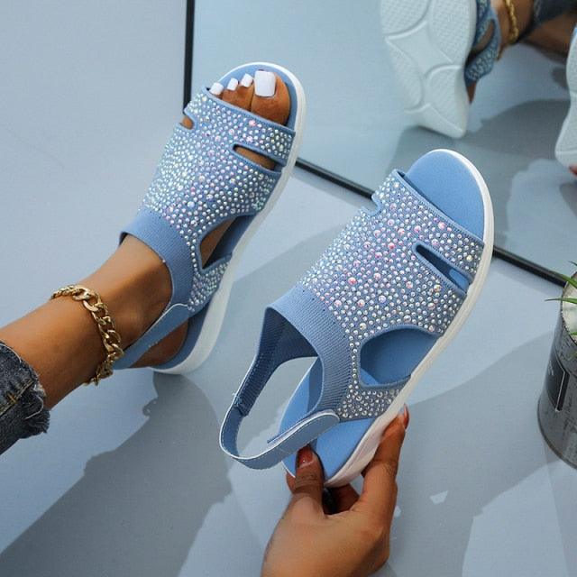 New Summer Women Sandals Shoes Blue Casual Woman Flats Buckle Strap Fashion Beach Shoe Modern Slide Square Open Toe One Band Cute Slip On Flat Dressy Casual Summer Sandals