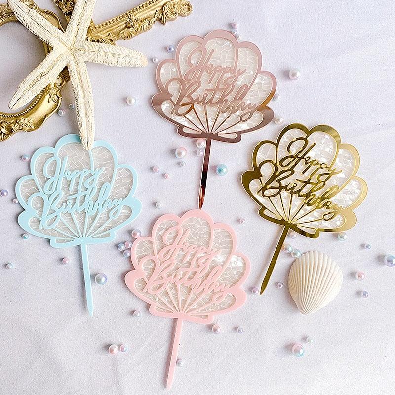 Ocean Acrylic Cake Toppers Topper Happy Birthday Cake Picks DIY Cake Insert Topper Cup Cake Toothpick Party Wedding Birthday Cake Decoration Decorating Card Birthday Shell Cake Topper DIY Wedding Party Gift Cupcake Insert Card