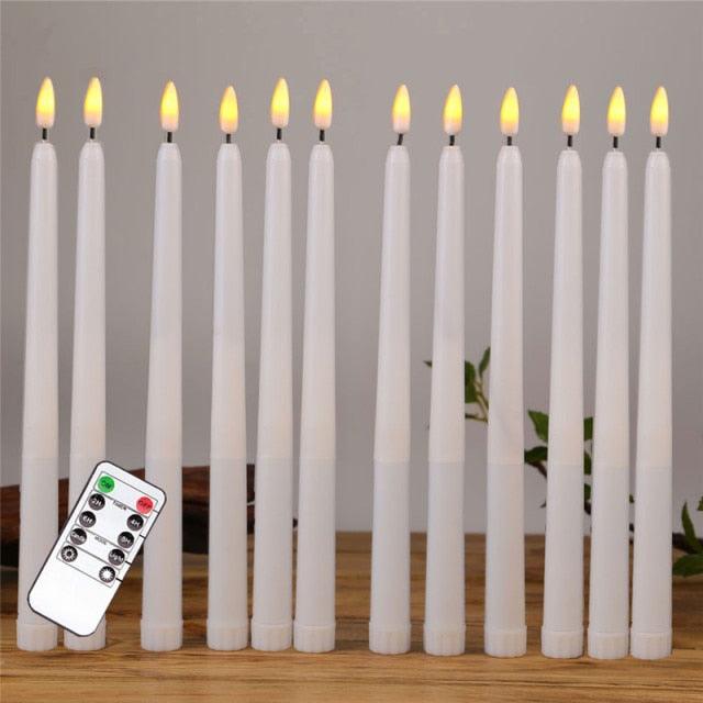 Pack of 12 Yellow Flickering Remote LED Candles Plastic Flameless Remote Taper Candles Flameless Ivory Taper Candles Flickering Battery Operated Led Warm 3D Wick Light Window Candles Real Led For Dinner Party Decoration