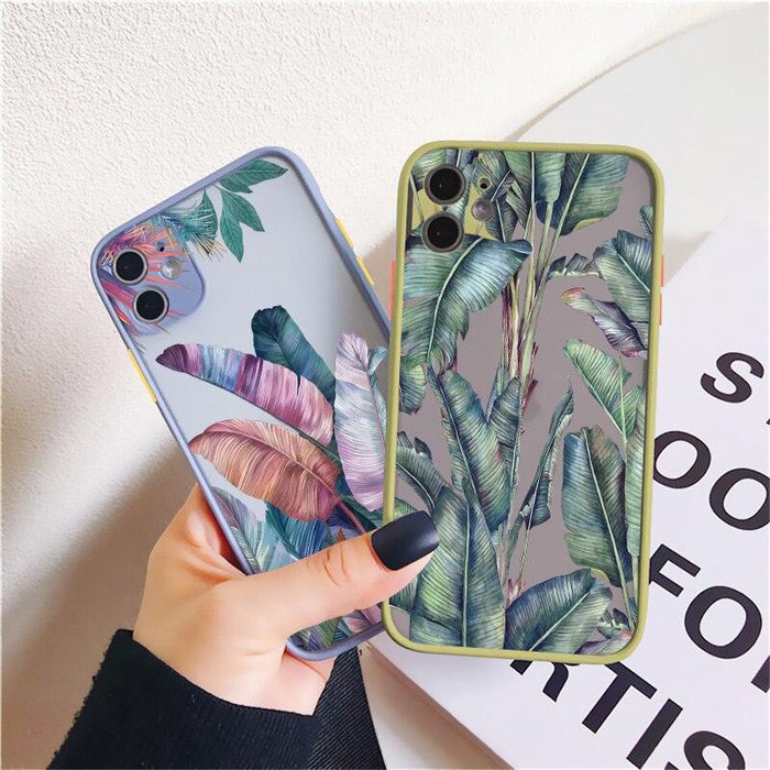 Palm tree Leaves Plant Flower Phone Case for iphone 11 12 13 14 Pro Max 14 Plus 7 8 Plus SE2 X XR XS Back Shockproof Cover Tropical Palm Tree Leaves Flower Print Illustration Design for Women Girls