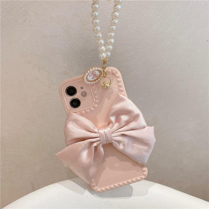 Pearl Bracelet With Fabric Bow Phone Case For iphone 13 12 11 13 Pro Max Mini X XR XS Max 6 S 7 8 Plus Soft Phone Shell Handmade Bow Pearl Bracelet Clear Laser Heart Phone Case for Women