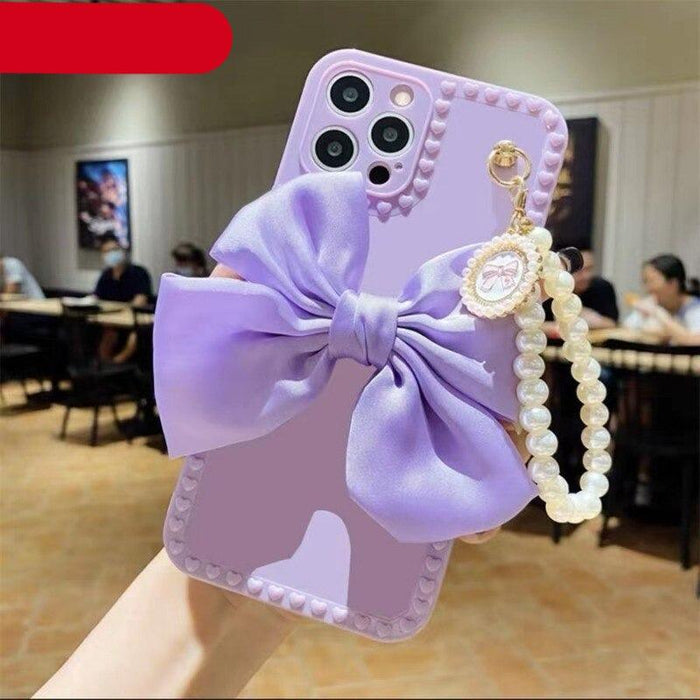 Pearl Bracelet With Fabric Bow Phone Case For iphone 13 12 11 13 Pro Max Mini X XR XS Max 6 S 7 8 Plus Soft Phone Shell Handmade Bow Pearl Bracelet Clear Laser Heart Phone Case for Women