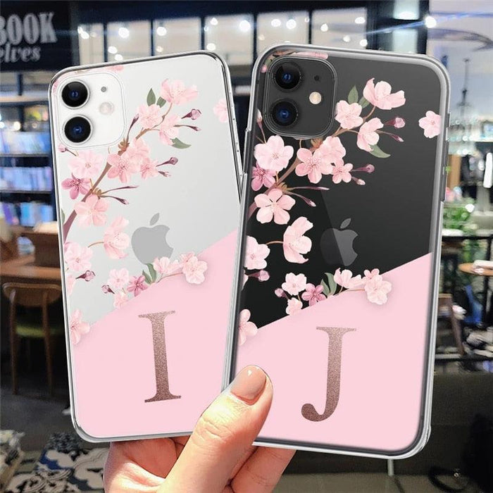 Pink Flowers Initial Letter A To Z Transparent Phone Case for iphone 11 13 Pro Max 12 Pro Max 7 8 Plus XS Max X XR Soft Cover Transparent Soft Ultra Slim Anti-Scratch Bumper Protective Cover