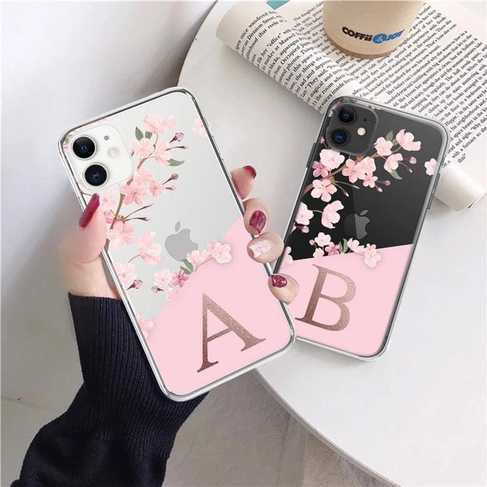 Pink Flowers Initial Letter A To Z Transparent Phone Case for iphone 11 13 Pro Max 12 Pro Max 7 8 Plus XS Max X XR Soft Cover Transparent Soft Ultra Slim Anti-Scratch Bumper Protective Cover