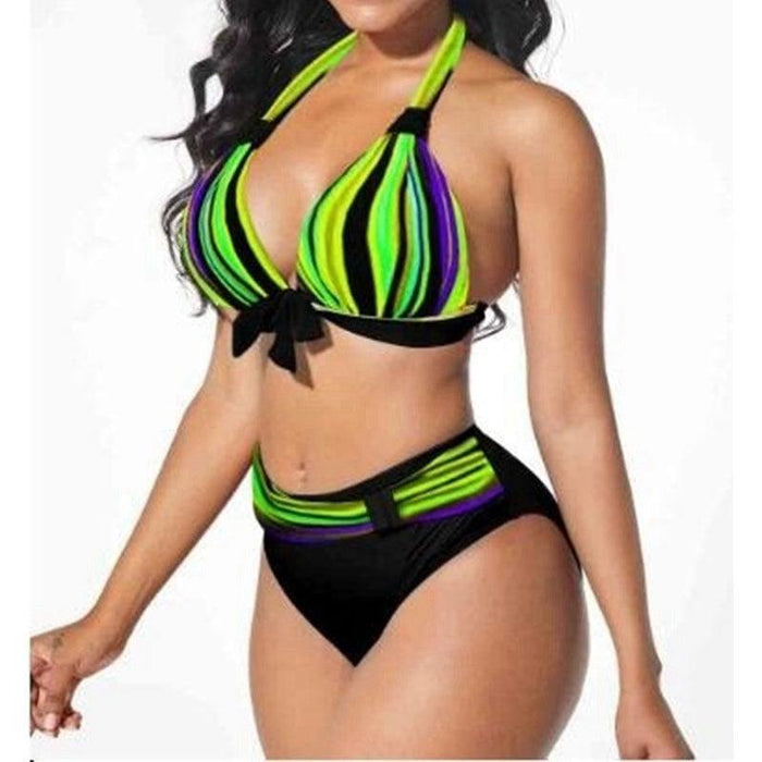 Plus Size Neon Striped Bikini Set Push Up Women High Waist Bikini Set Halter Two Piece Bathing Suits Crisscross Tummy Control Swimsuit Push Up Swimwear Women High Waist Halter Beach Swimwear Retro Bathing Suit Swimming Suit