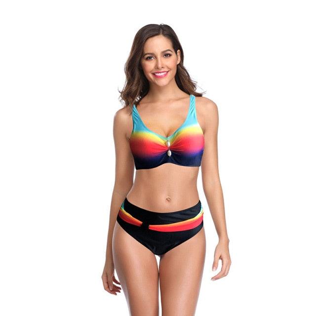 Plus Size Neon Striped Bikini Set Push Up Women High Waist Bikini Set Halter Two Piece Bathing Suits Crisscross Tummy Control Swimsuit Push Up Swimwear Women High Waist Halter Beach Swimwear Retro Bathing Suit Swimming Suit