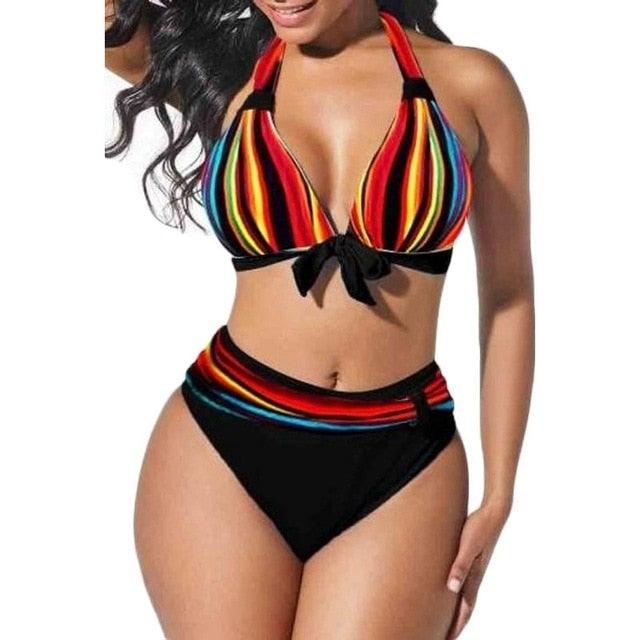 Plus Size Neon Striped Bikini Set Push Up Women High Waist Bikini Set Halter Two Piece Bathing Suits Crisscross Tummy Control Swimsuit Push Up Swimwear Women High Waist Halter Beach Swimwear Retro Bathing Suit Swimming Suit