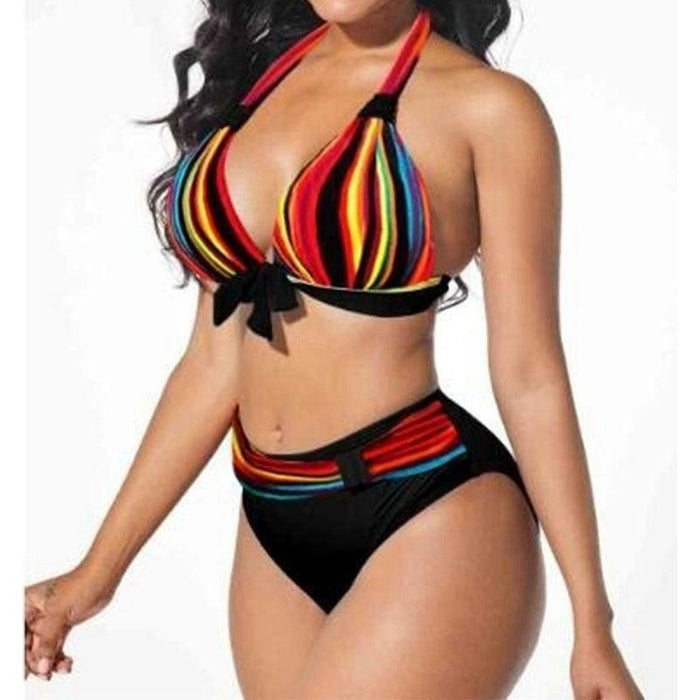 Plus Size Neon Striped Bikini Set Push Up Women High Waist Bikini Set Halter Two Piece Bathing Suits Crisscross Tummy Control Swimsuit Push Up Swimwear Women High Waist Halter Beach Swimwear Retro Bathing Suit Swimming Suit