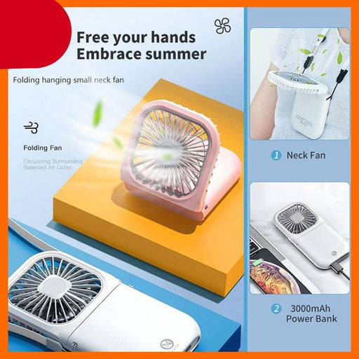 Portable Air Conditioner Hanging Neck Fan With 3000mAh Power Bank Mini Folding USB Handheld Desk Air Cooler Fan Personal Foldable USB Rechargeable Fan Operated for Home Office Outdoor Travel