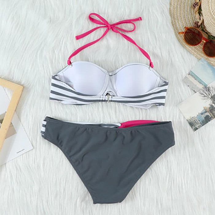 Print Swimwear Women Bikini Solid Push Up Swimsuit Female Bikini Set Beachwear Bathing Suit Swimming High Waist Swimsuits With Boy Shorts Triangle Top Stripes Halter Bikini Two Piece Bathing Suits