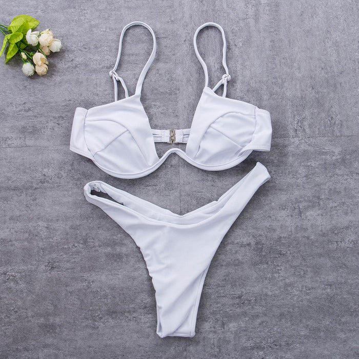 Push Up Unpadded Bikini Set Women 4 Colors Bandage Bikini Set Swimsuit Thong Bottom Swimwear Two Pieces Plain Bikini Bathing Suit Swimwear Bathing