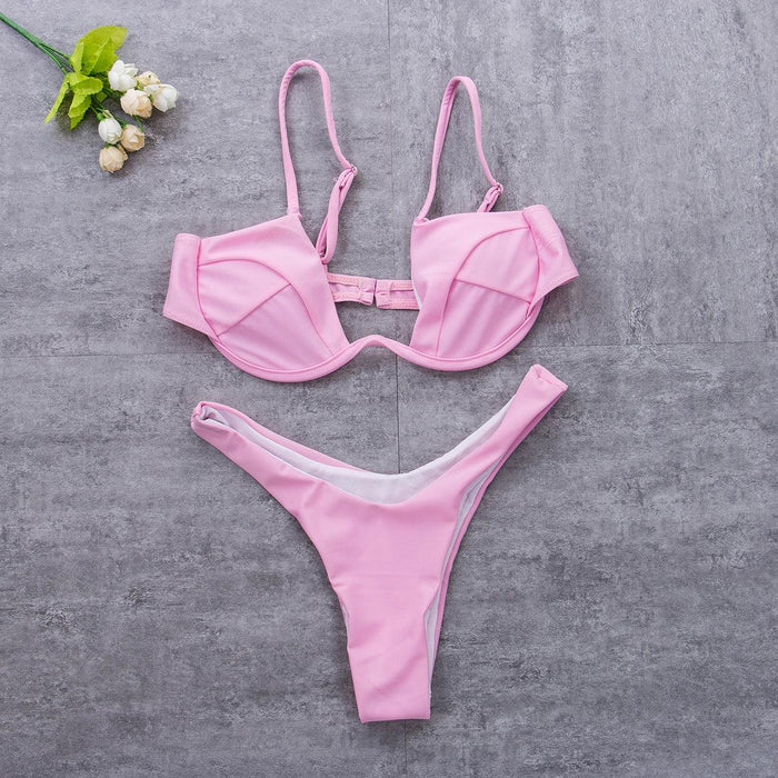 Push Up Unpadded Bikini Set Women 4 Colors Bandage Bikini Set Swimsuit Thong Bottom Swimwear Two Pieces Plain Bikini Bathing Suit Swimwear Bathing