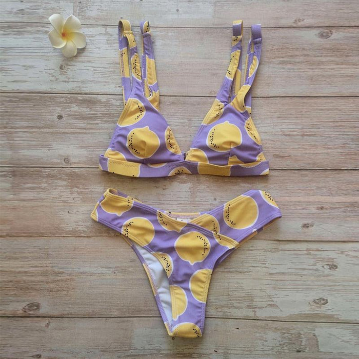 Summer Bikini Stylish Swimwear Women Halter Push Up Bikini Women's  Neck Triangle Bikini Set Leopard Print Two Piece Swimsuits Set Swimsuit Female Lemon Print Bandage Bathing Suit