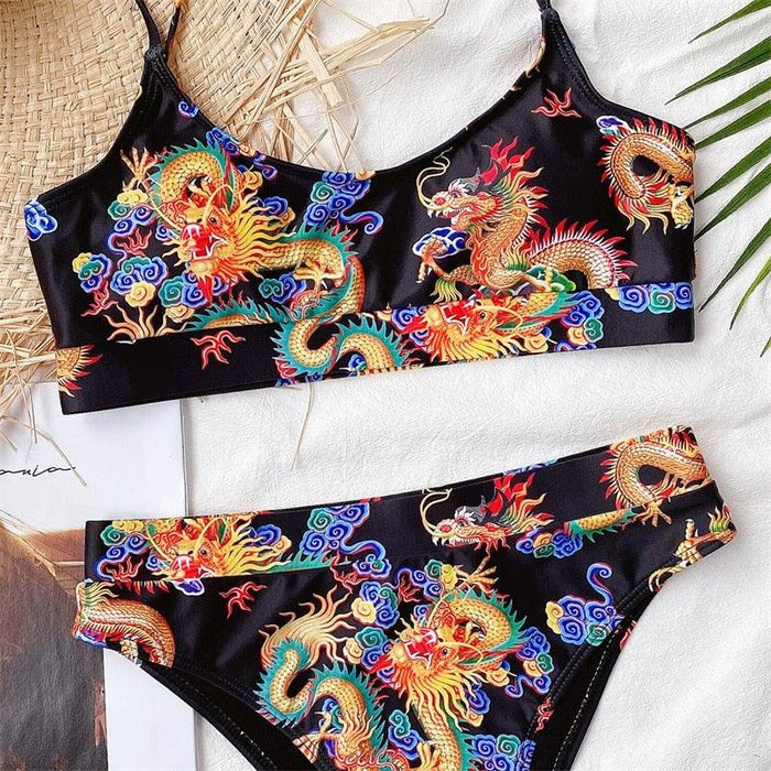 Modern Blue High Waist Bikini Push Up Swimwear Women Dragon Printed Bikini Set Retro Swimsuit Women's High Waist Bikini Swimsuits Twist Push Up Two Piece Bathing Suits Tummy Control Swimwear