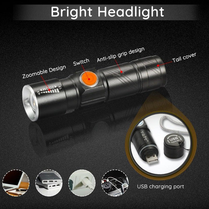 3 IN 1 Bike Bicycle Light Set USB LED Waterproof Super Bright Zoom Headlight Super Bright 3 Light Modes Bicycle Light Set Flashlight Easy Installs In Seconds Fits All Bicycles Powerful Bright Light 8000 Lumen