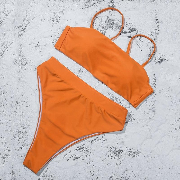 Bikinis Solid Push Up Bikini Padded Bra Straps High Waist Swimsuit Female Swimwear Women's Bathing Suit Lace up Bikini Ribbed Two Piece Swimsuit