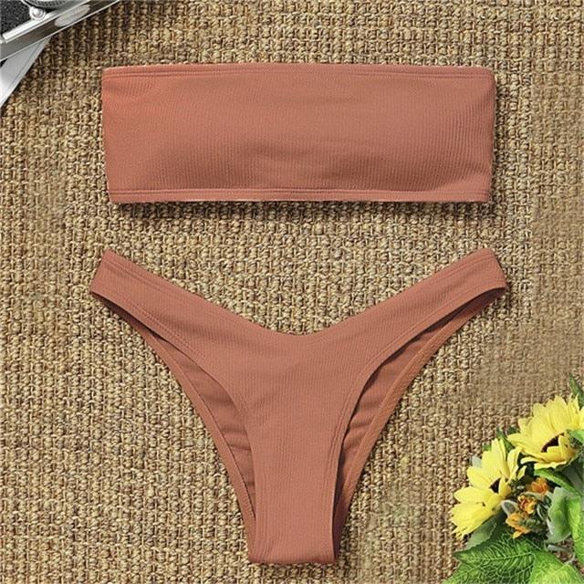 New Bikini High Waist Strapless Bikini Women Swimwear Women Swimsuit Padded Bathing Suit Pure Color Women's Bandeau Bikini Top-High Leg High Waist Bikini Bottom Set