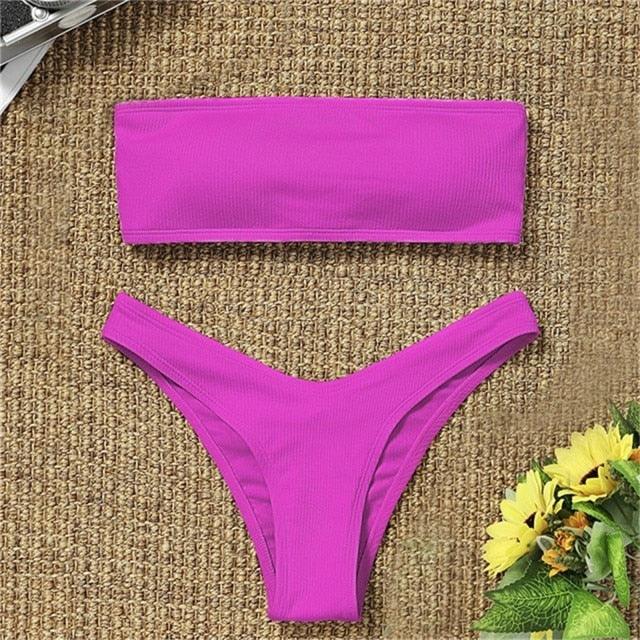 New Bikini High Waist Strapless Bikini Women Swimwear Women Swimsuit Padded Bathing Suit Pure Color Women's Bandeau Bikini Top-High Leg High Waist Bikini Bottom Set