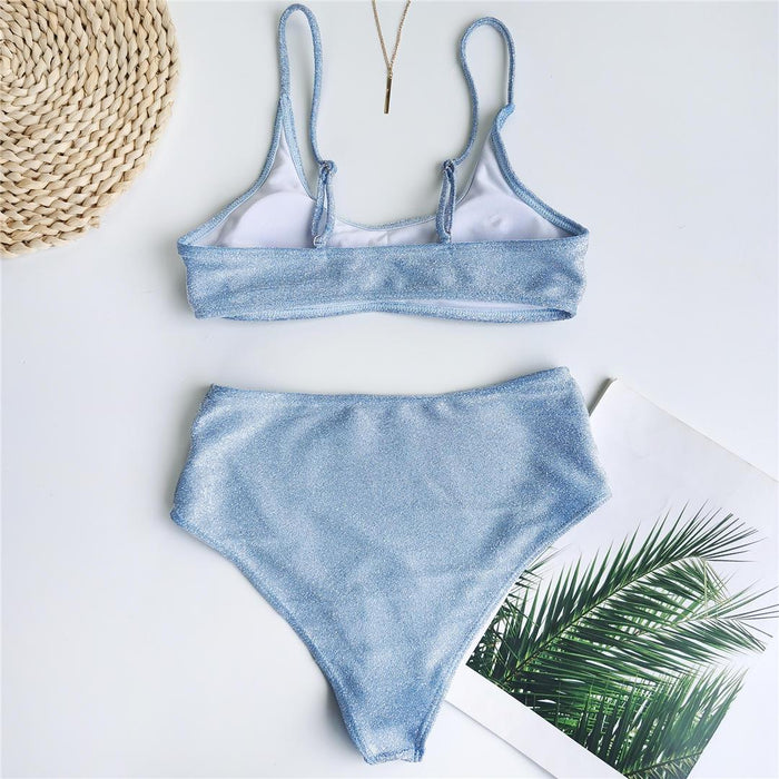 Glitter Sparkling Female Swimsuit High Waist Bikini Women's High Waist Bikinis Party Glitter Scoop Neck Crop Top Swimsuits Two Piece Bathing Suit Women Swimwear Two-pieces Bikini Set Summer Swim Suit