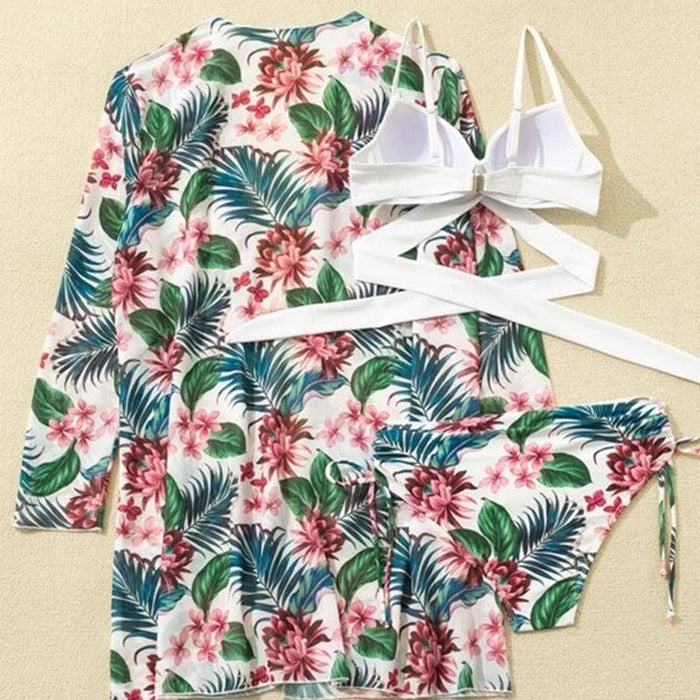 Summer Floral Print Bikini Swimsuit Women 3 Piece High-Waist Bikini Set Swimwear Female Push-Up Bathing Suit Tropical High Waist Wrap Swimsuit With Beach Cover Ups Soft And Breathable Summer Bikini