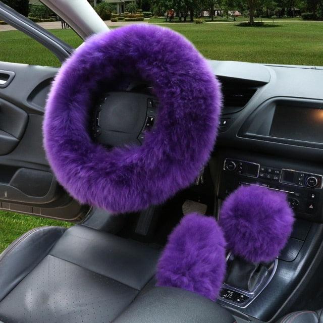 3PCS Fur Steering Wheel Cover Set Real Sheepskin Auto Plush Warm Fluffy Fuzzy Women Winter Fashion Wool Fur Soft Furry Steering Wheel Covers Blue Fluffy Handbrake Cover Gear Shift Cover Fuzz Warm Non-slip Car Decoration Car Accessories for Women Girl