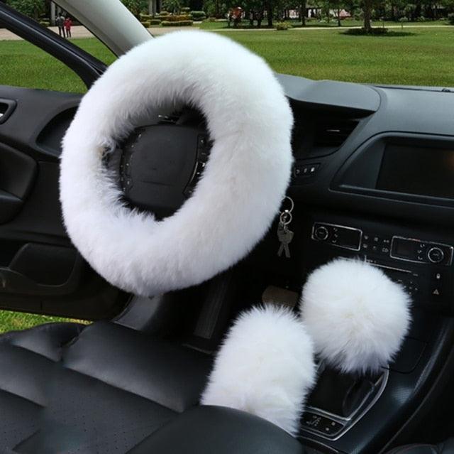 3PCS Fur Steering Wheel Cover Set Real Sheepskin Auto Plush Warm Fluffy Fuzzy Women Winter Fashion Wool Fur Soft Furry Steering Wheel Covers Blue Fluffy Handbrake Cover Gear Shift Cover Fuzz Warm Non-slip Car Decoration Car Accessories for Women Girl