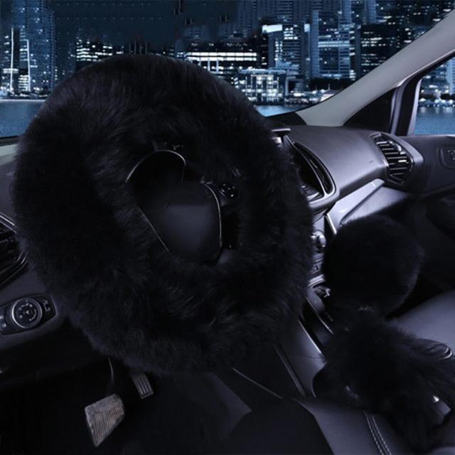 3PCS Fur Steering Wheel Cover Set Real Sheepskin Auto Plush Warm Fluffy Fuzzy Women Winter Fashion Wool Fur Soft Furry Steering Wheel Covers Blue Fluffy Handbrake Cover Gear Shift Cover Fuzz Warm Non-slip Car Decoration Car Accessories for Women Girl