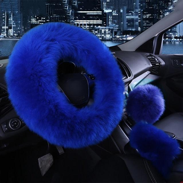 3PCS Fur Steering Wheel Cover Set Real Sheepskin Auto Plush Warm Fluffy Fuzzy Women Winter Fashion Wool Fur Soft Furry Steering Wheel Covers Blue Fluffy Handbrake Cover Gear Shift Cover Fuzz Warm Non-slip Car Decoration Car Accessories for Women Girl