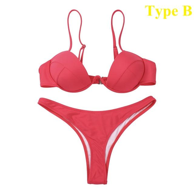 Push Up Unpadded Bikini Set Women 4 Colors Bandage Bikini Set Swimsuit Thong Bottom Swimwear Two Pieces Plain Bikini Bathing Suit Swimwear Bathing