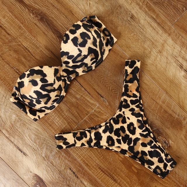 Animal Print Leopard Bikini Push Up Swimsuit Women Bikini Set Bathing Suit Bandeau Beach Wear Swimwear Women Casual Leopard Printed Triangle High Waist Two Piece Bikini Sets