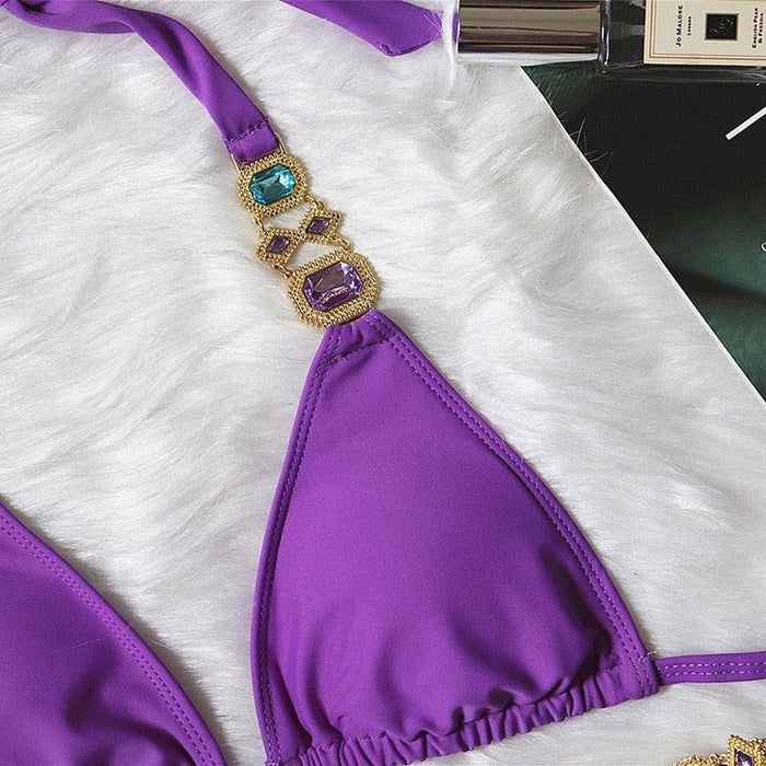 Luxury Purple Halter Crystal Diamond Bikini Female Swimsuit Women Swimwear Rhinestone Bikini Set Bathing Suit Women's Swimwear Rhinestone Halter Low Waist Tie Side Bikini Set 2 Pieces Crystal Diamond Swimsuit