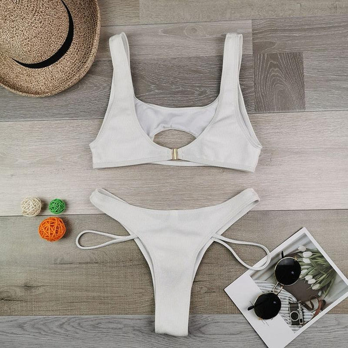 Modern White Bikini Hollow Out Swimsuit Female High Cut Swimwear Solid Fashion Bathing Suit Beach Wear Women's Front Cutout Bikini Sets Two Piece Summer Party Bathing Suits