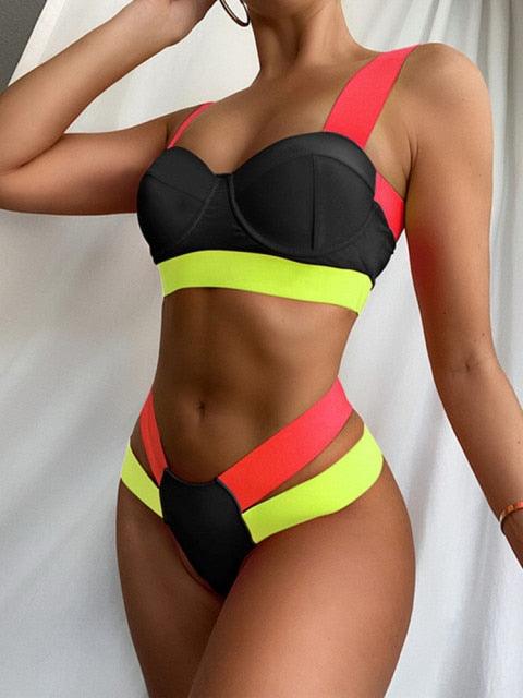 Luxury Women Black Bikini High Waist Swimwear Female 2 Pieces Set Swimsuit Bathing Suit Women Beach Women's High Waisted Bandage Bikini Set Two Piece Push Up Swimsuits