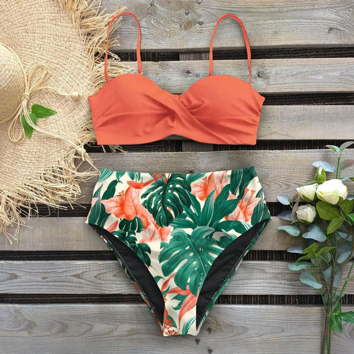 Bikini Swimsuit Women Swimwear Push Up Bikinis Set Leaf Print Female High Waist Swimming Suits For Bathing Suit Women Swimsuit Floral Print Bathing Suit Twist Front High Waist Bikini Set