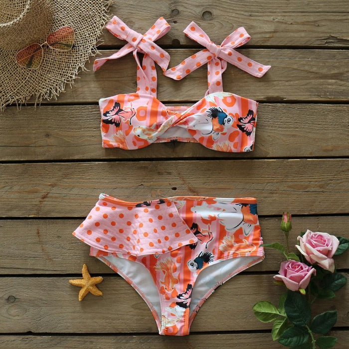 Two-Pieces Women Floral Push-Up Padded Bra Ruffles Bikini Set Swimsuit Swimwear Bathing Suit Beachwear Floral Printed Swimsuit Knotted String Triangle Bikini Tie Side High Cut Cheeky Bikini Set