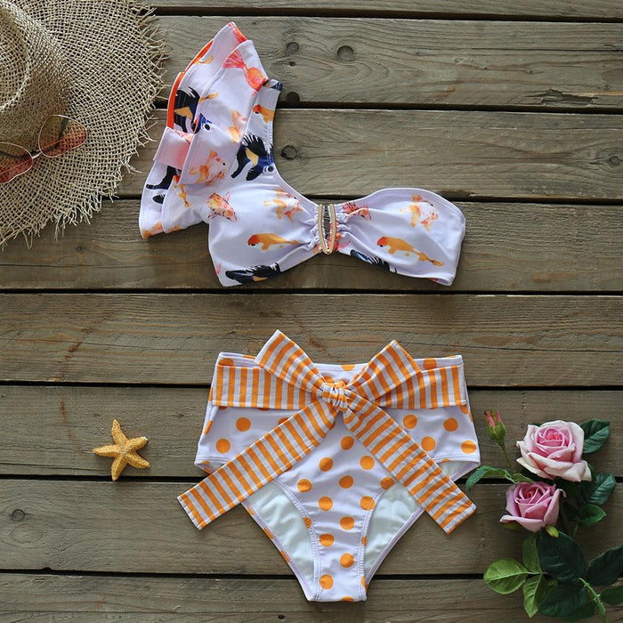 Two-Pieces Women Floral Push-Up Padded Bra Ruffles Bikini Set Swimsuit Swimwear Bathing Suit Beachwear Floral Printed Swimsuit Knotted String Triangle Bikini Tie Side High Cut Cheeky Bikini Set