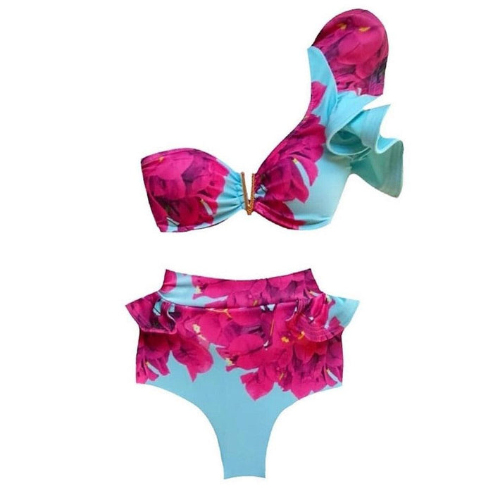 Two-Pieces Women Floral Push-Up Padded Bra Ruffles Bikini Set Swimsuit Swimwear Bathing Suit Beachwear Floral Printed Swimsuit Knotted String Triangle Bikini Tie Side High Cut Cheeky Bikini Set