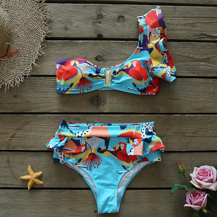 Two-Pieces Women Floral Push-Up Padded Bra Ruffles Bikini Set Swimsuit Swimwear Bathing Suit Beachwear Floral Printed Swimsuit Knotted String Triangle Bikini Tie Side High Cut Cheeky Bikini Set